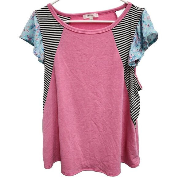 Emerald Tops - Emerald Womens BOHO Top Size 1X Pink Striped Flutter Sleeve Soft Knit Pullover
